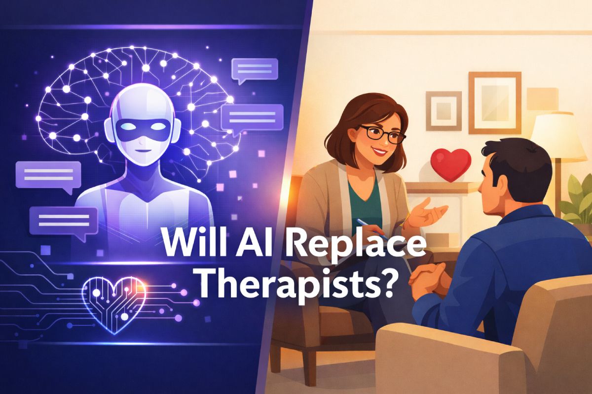 AI chatbot interface compared to human therapist providing mental health care showing the fundamental differences in approach