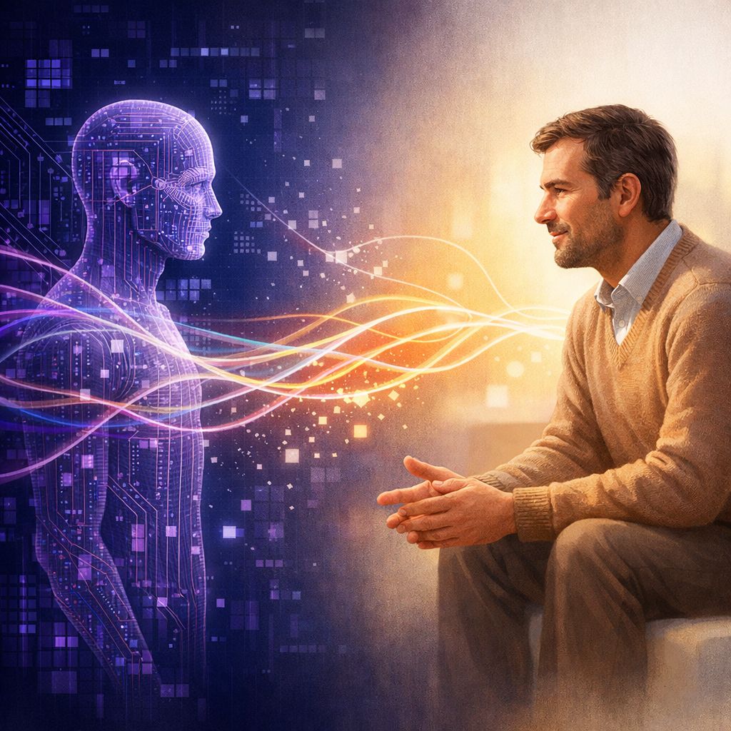 Conceptual illustration demonstrating AI's inability to form genuine emotional connections compared to human therapists in mental health care
