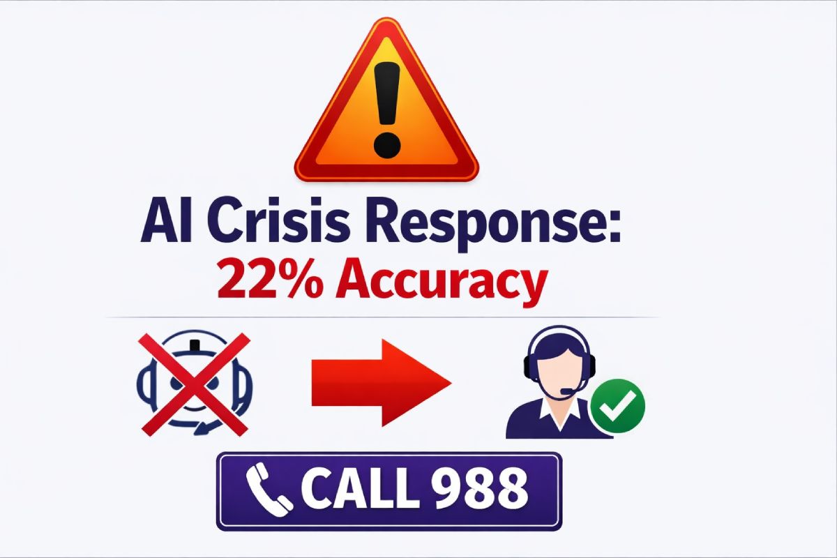 Safety warning showing AI therapy chatbots respond appropriately to mental health crises only 22% of the time - call 988 for emergencies