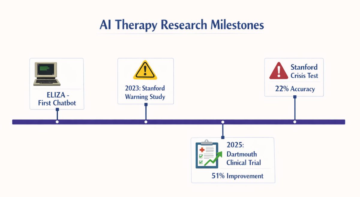 Timeline of major AI therapy research findings from 1960s to 2025 showing clinical trials and safety studies