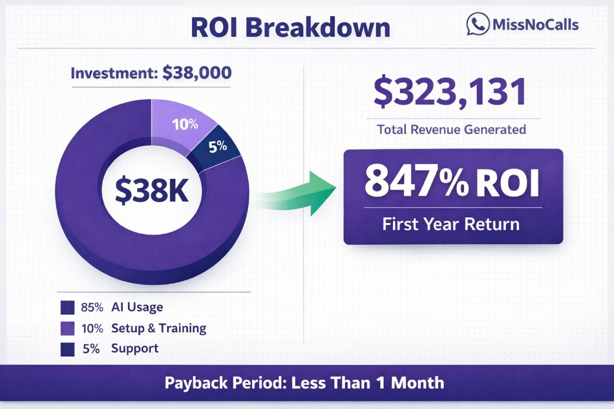 AI voice agent ROI breakdown showing 847% return on $38,000 investment generating $323,131