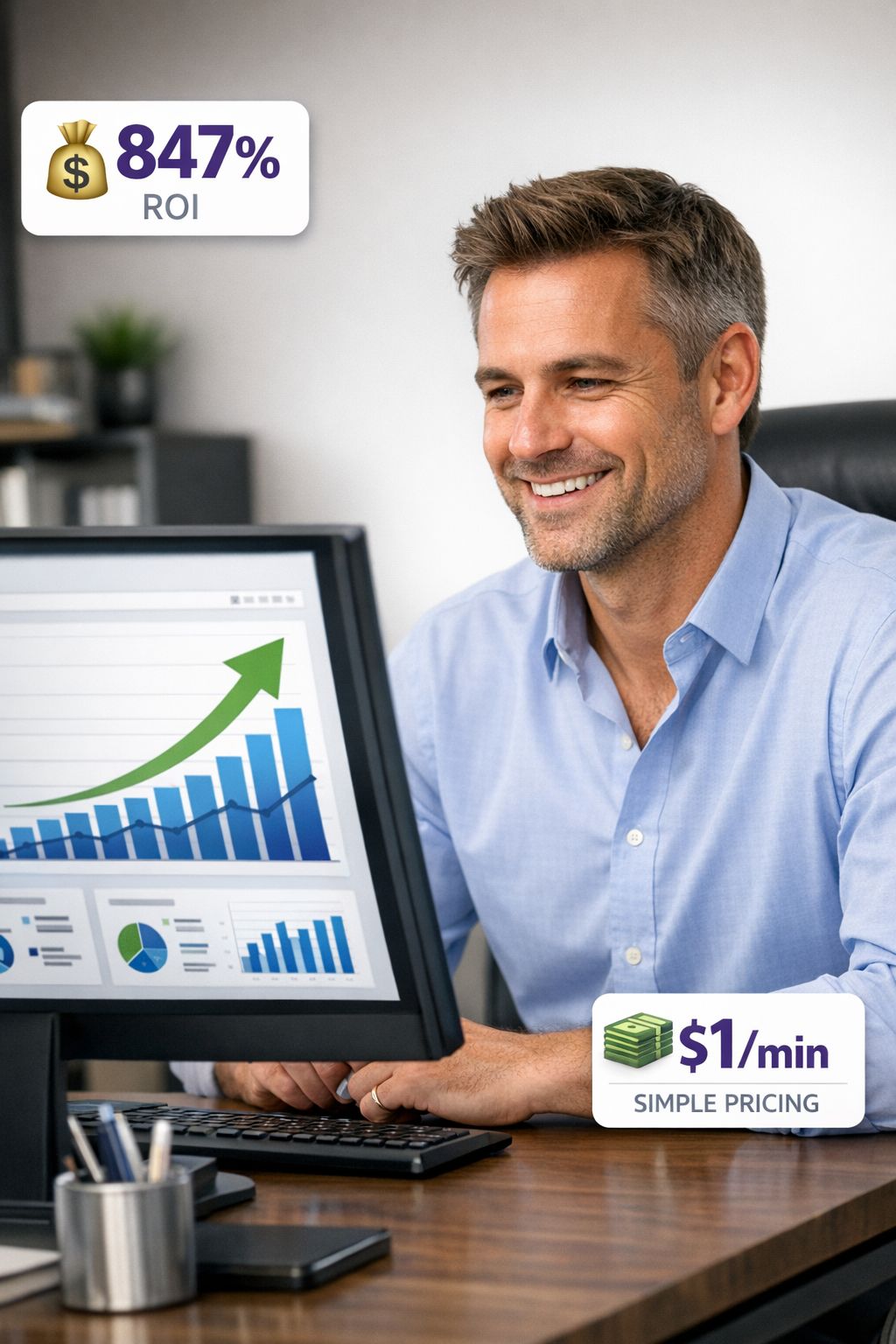 Business owner reviewing positive ROI analytics and growth charts showing 847% return