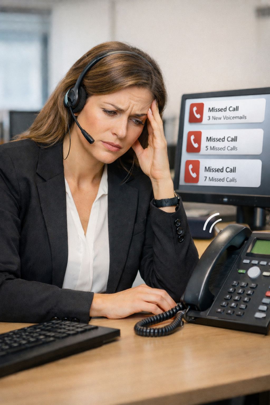Frustrated customer service representative overwhelmed by missed calls and phone notifications
