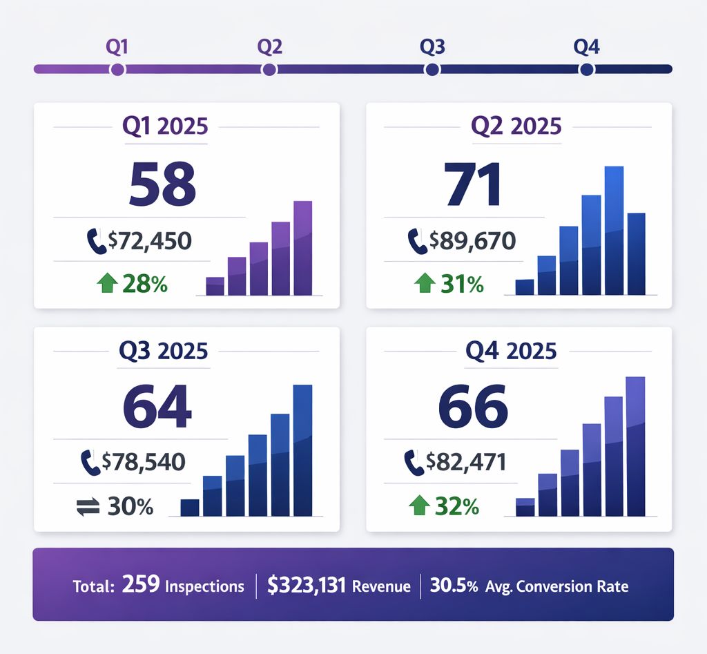 Quarterly AI voice agent performance showing 259 total inspections sold across 2025