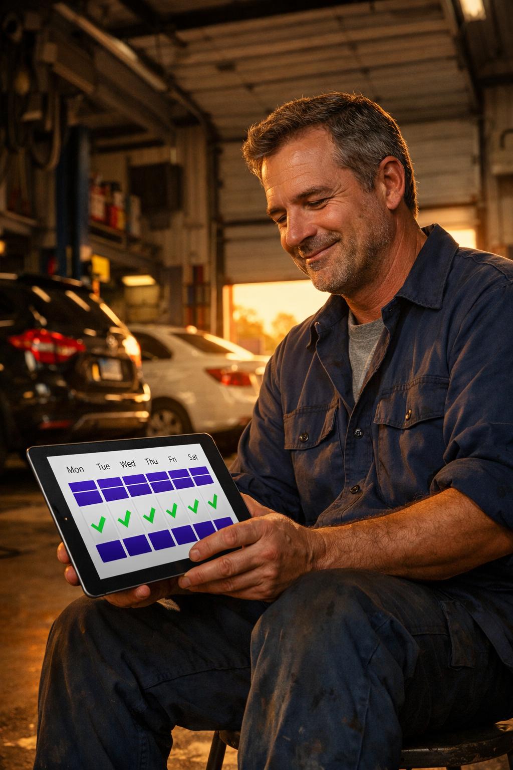 Auto repair shop owner reviewing fully booked schedule on tablet dashboard