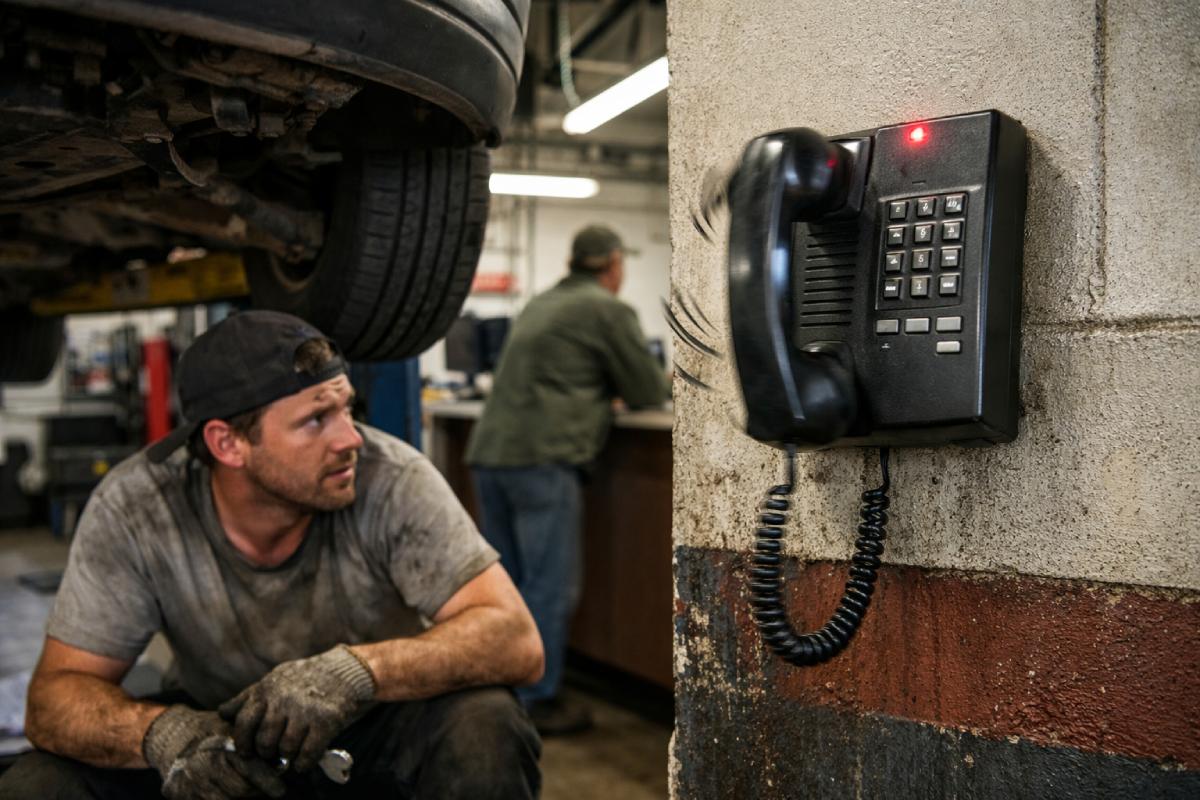 Busy auto repair shop mechanic unable to answer ringing phone
