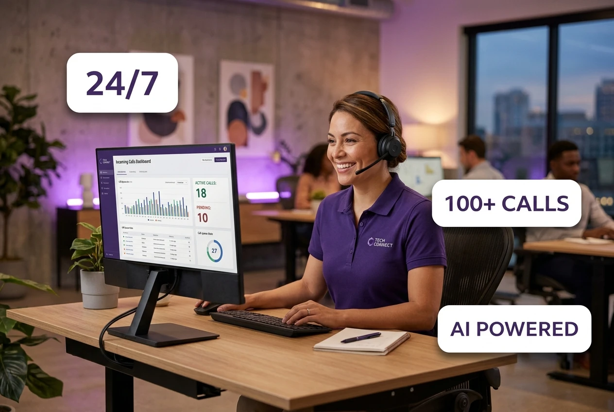 AI answering service agent with headset handles business calls 24/7